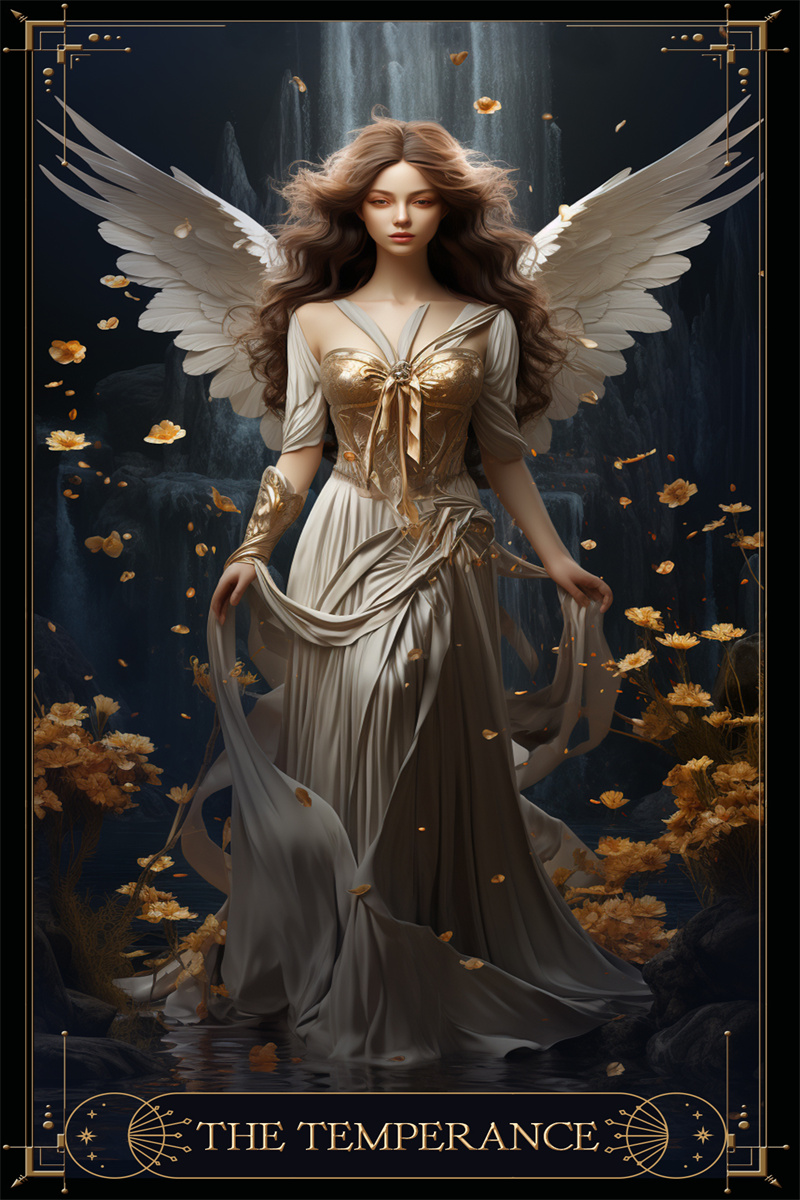 A angel with black long hair is pictured in the tarot card.