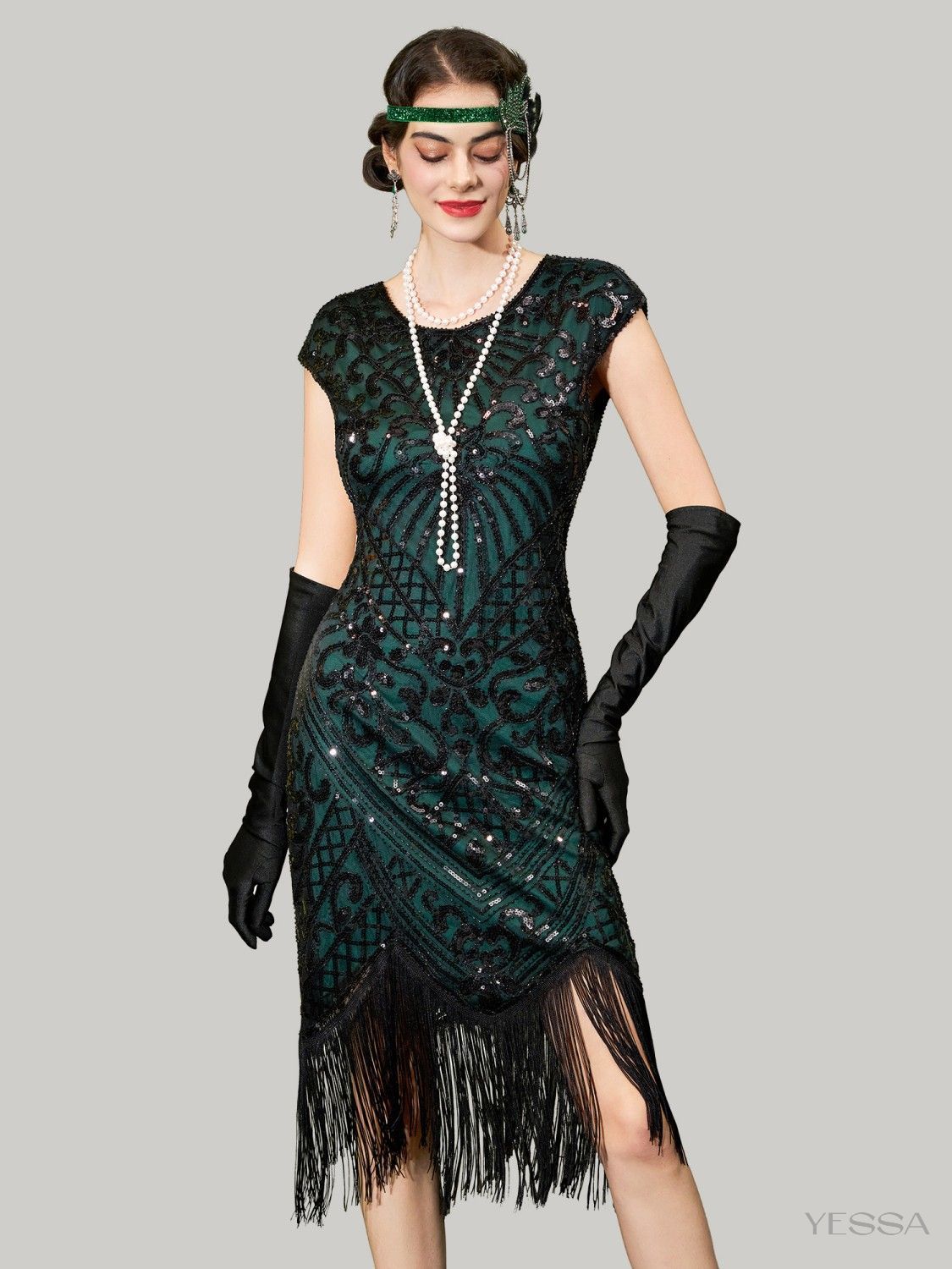 YS Green Martha 1920s Flapper Dress Set | YESSA