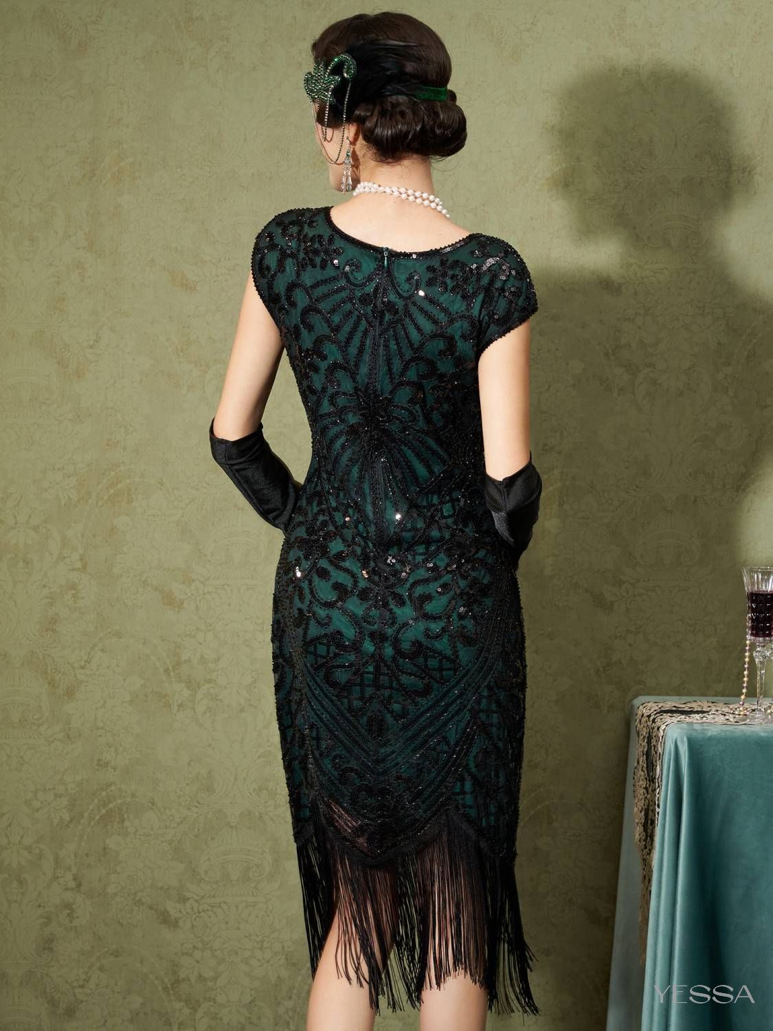 1920s flapper dress green Dark Green 1920s Sequined Flapper Dress – Jolly Vintage