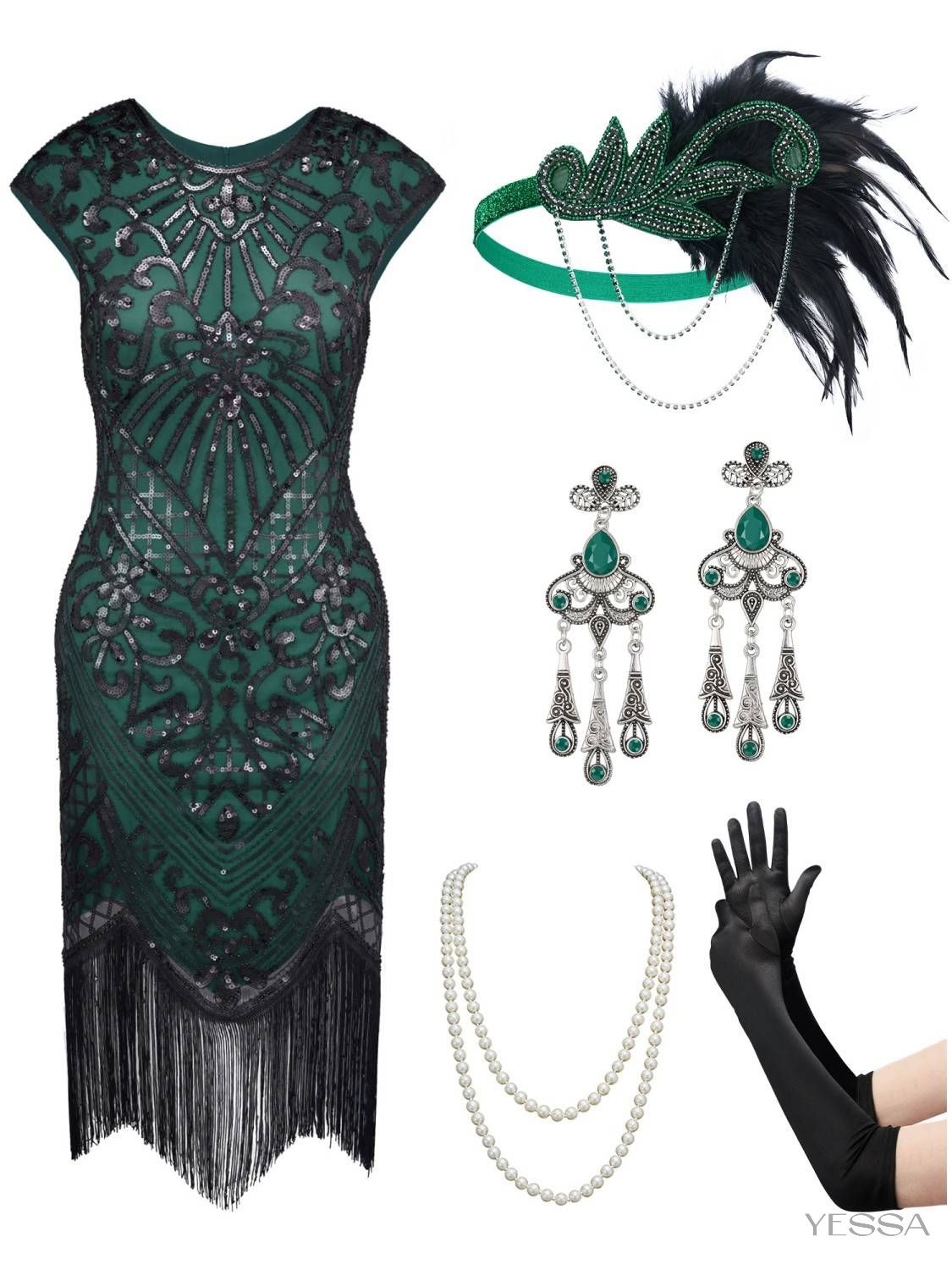 bamba swim green dress BABEYOND Floral Fringe Sequined Flapper Dress, 1920s Dresses, Dark Green, 6 main image 1