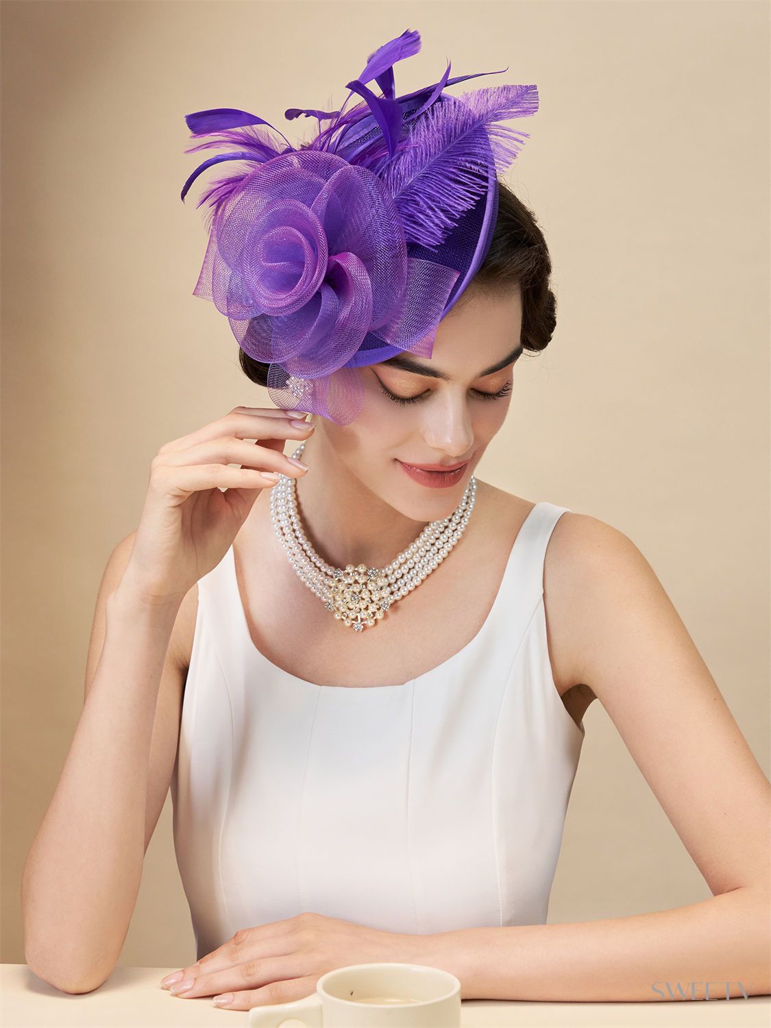 Finecy In Small Flower Feather Hair Hat Fascinator Headband Clip Wedding Royal Ascot Race Navy - Foto 6