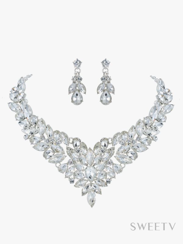 BriLove Bridal Jewellery Set for Wedding Rhinestone Crystal Teardrop Marquis Cluster Statement Necklace Chandelier Earrings for Women 
