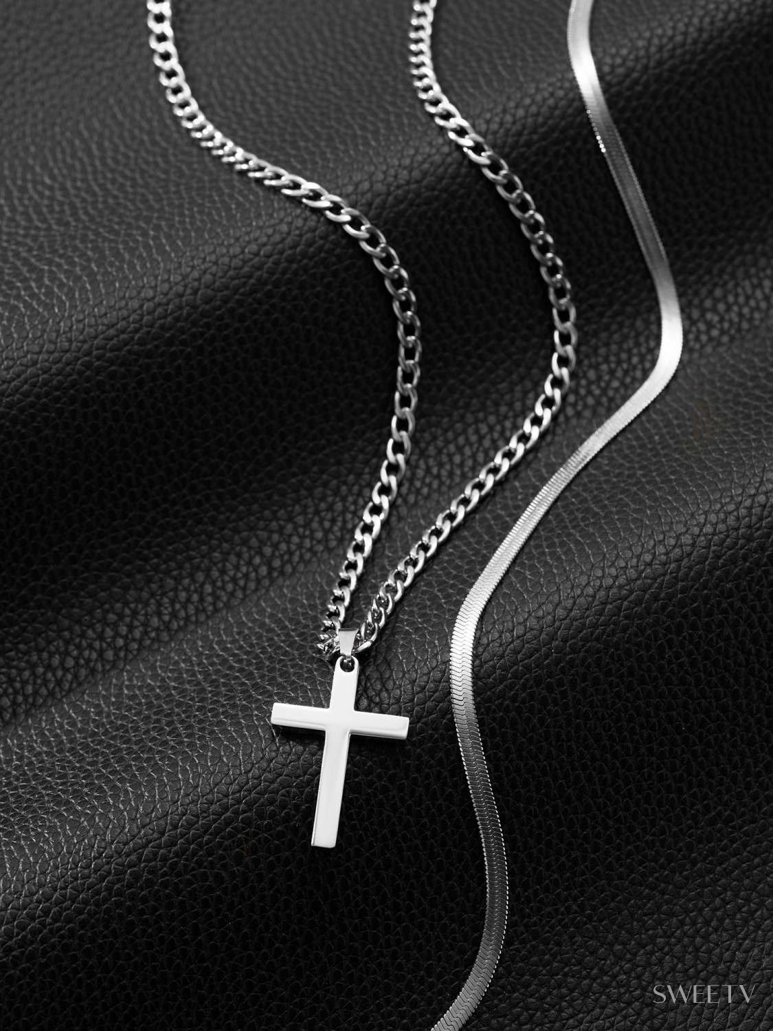 Stainless Steel Layered Cross Necklace - Rope & Box Chain Set For Men & Women, 16-26 Inch - View #5
