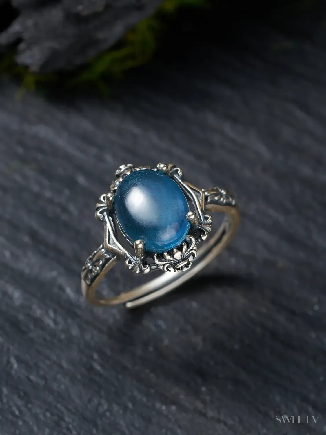 マリン品 SV Blue Oceanic Depths Victorian Aquamarine Ring-Rings | SWEETV